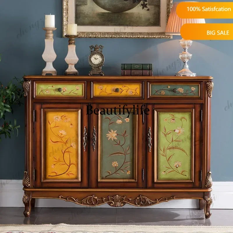 European-style solid wood shoe cabinet Household entry door porch cabinet American-style painted locker