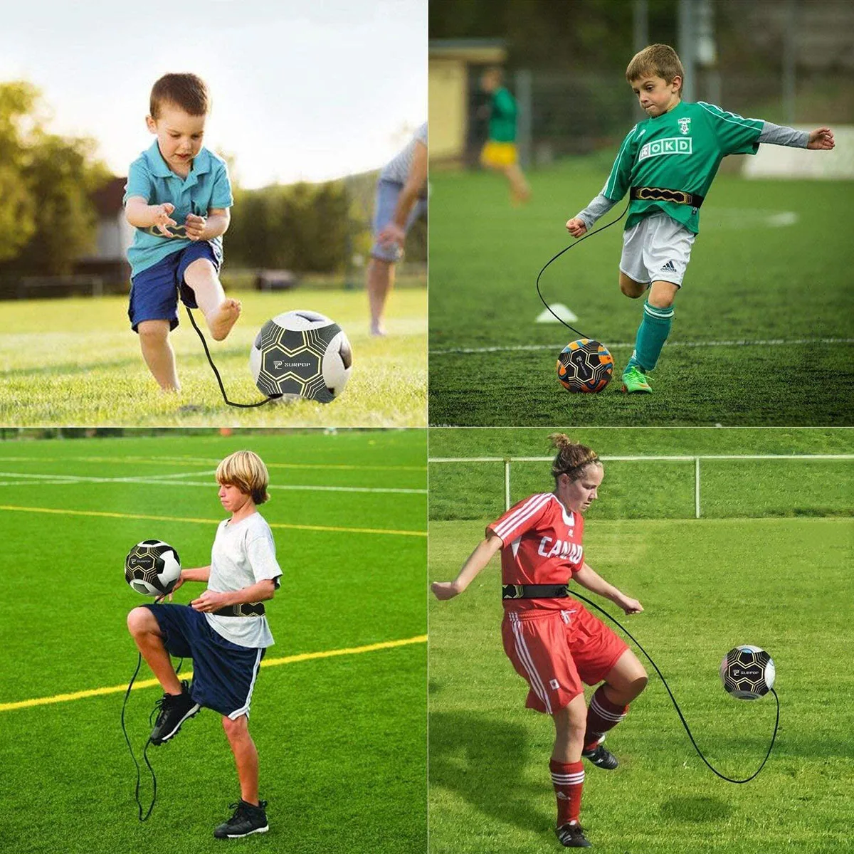 Treinador de chute de futebol, auxiliares de treinamento de futebol, mãos livres, equipamento de prática para crianças com cinto ajustável, corda elástica