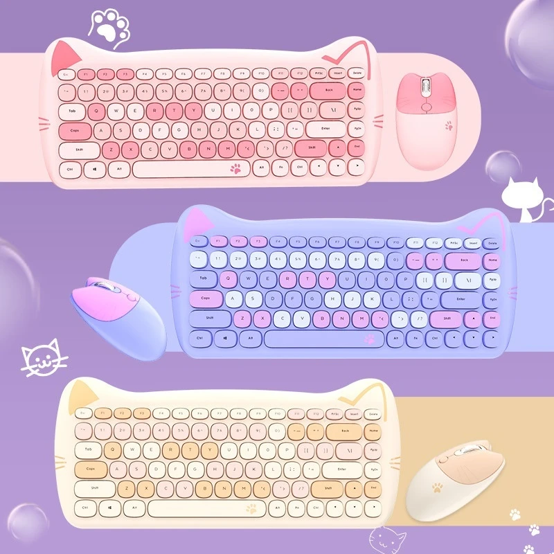 Wlmouse Cute Cat Wireless Keyboard  Mouse Set For Girls Punk Style Office Set Esports Game Set Game Accessories Christmas Gift