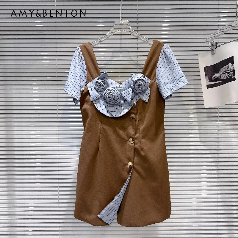 

Retro Design Hot Girl Striped Splicing Three-dimensional Flower Women's Dress 2026 Summer New Khaki U-neck Loose Dresses Ladies