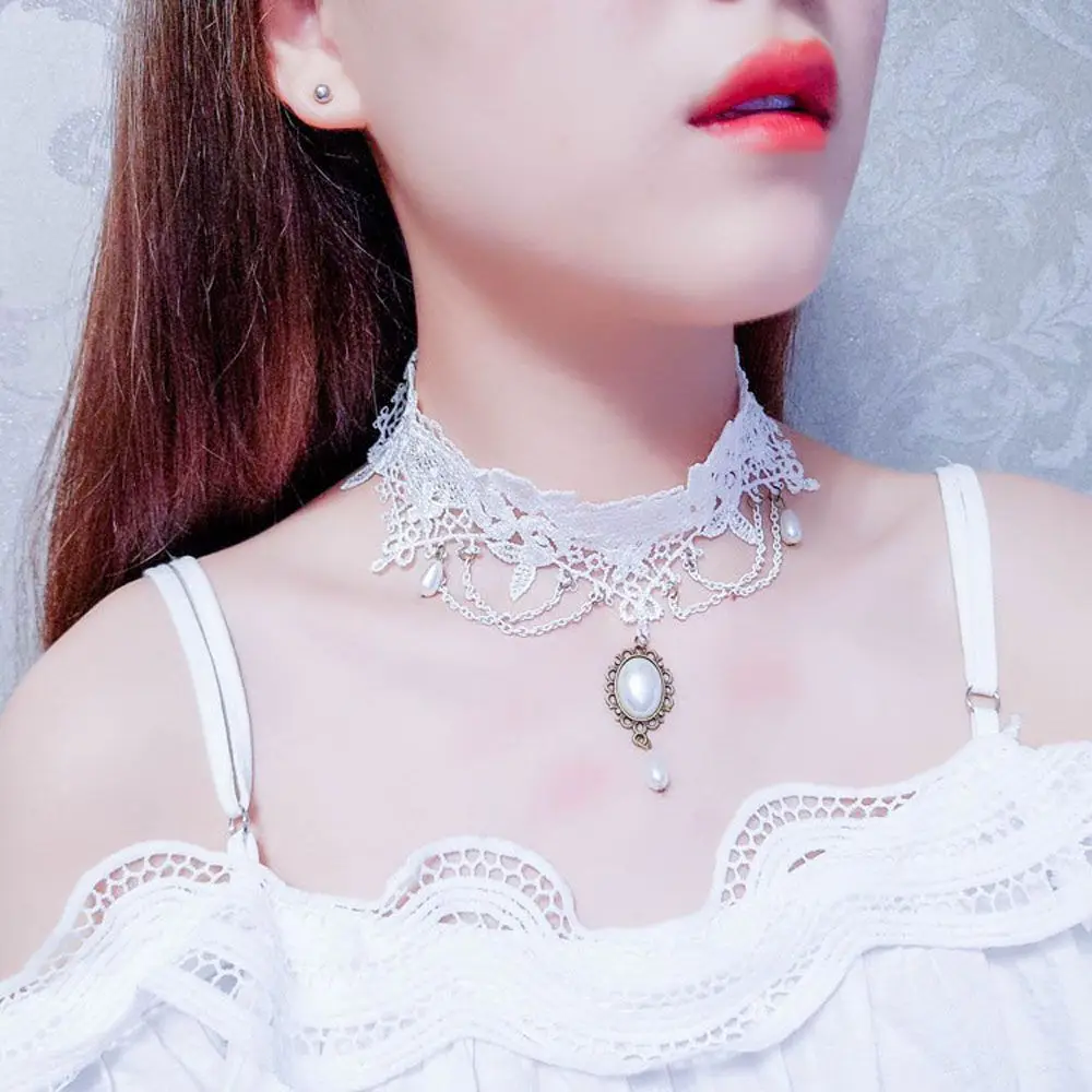 

Pearl Fashion Statement White Short Wedding Lace Bridal Necklace Collar Choker Jewelry