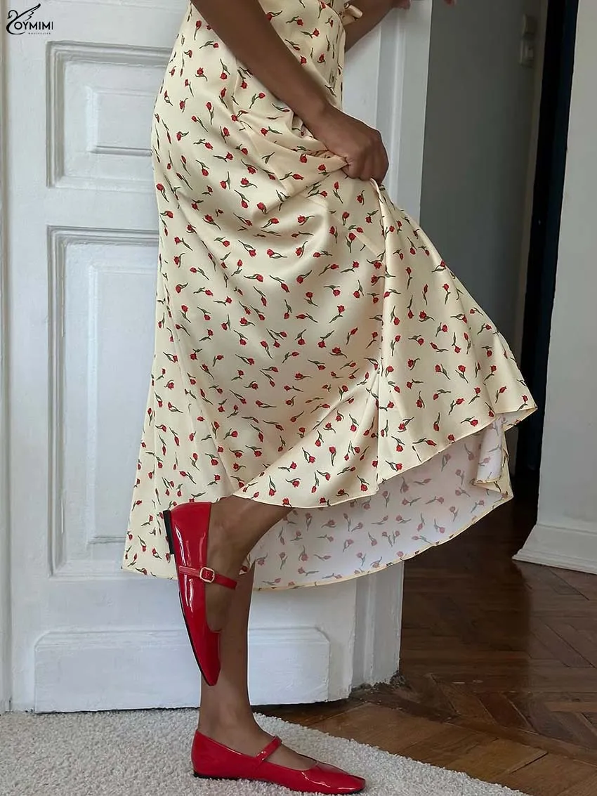 Oymimi 秋イエロープリントレディースドレスファッション V ネック半袖レースアップドレスエレガントなサテンストレートミッドカーフドレス