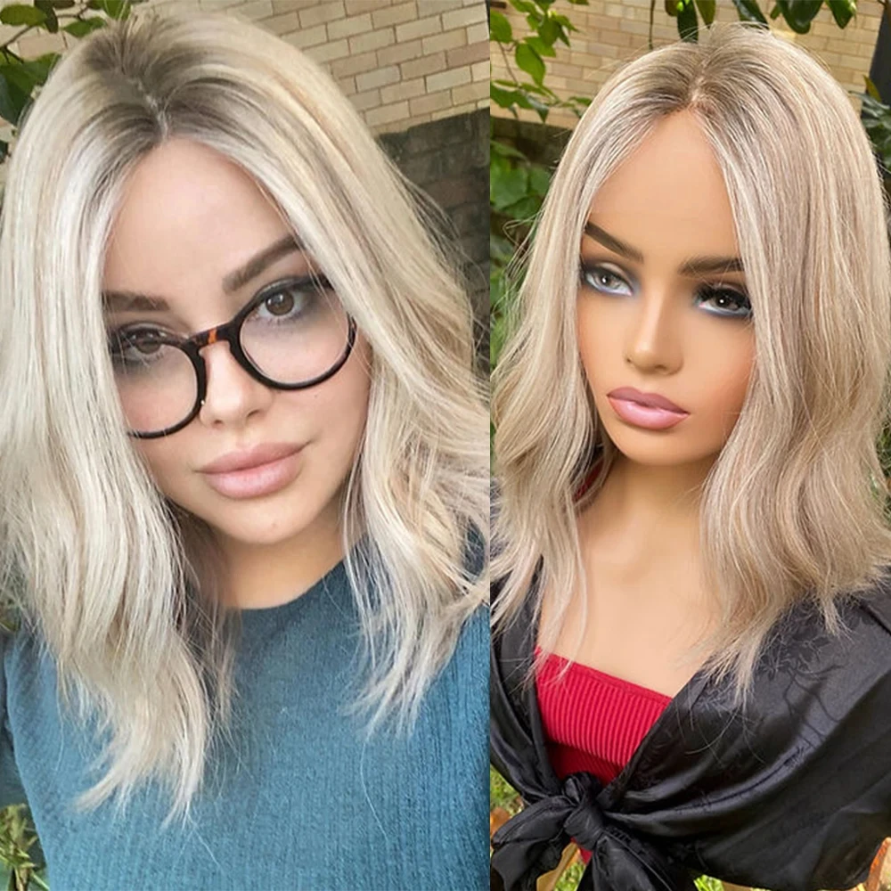 

Remy Human Hair Front Lace Wig Ashy Blonde Short Wavy Bob Wig Grey Highlights HD 13x6 Lace Frontal Wigs Bleached Knots Wavy 150%