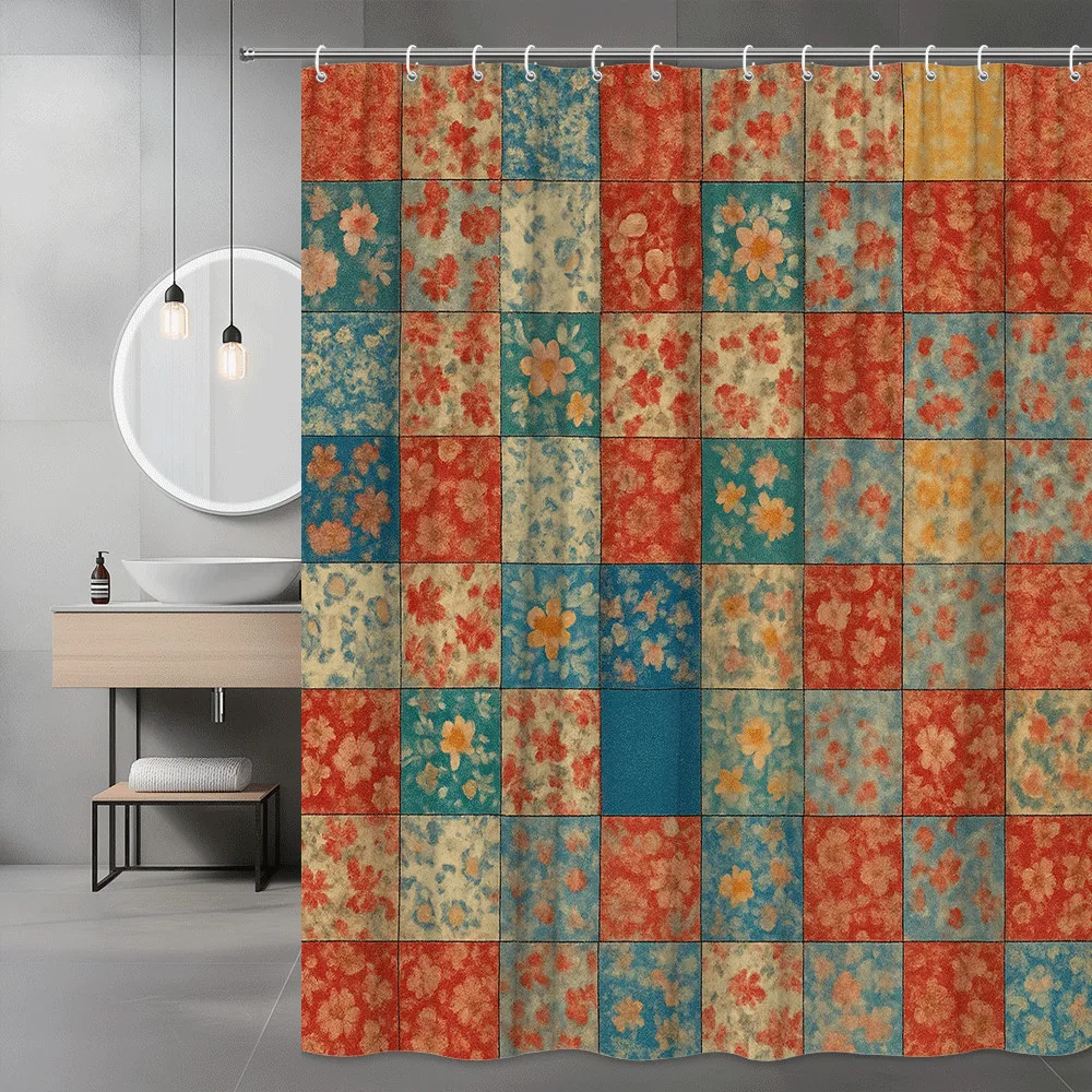 Retro Patchwork Floral Shower Curtain Vintage Color Blocks with Flowers Boho Style Bathroom Decor Waterproof Quick Setup