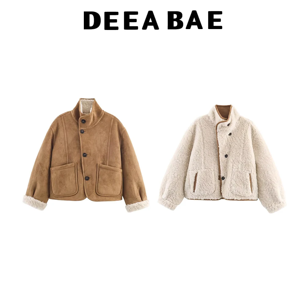 

DEEABAE Цельная короткая куртка из овечьей шерсти с обеих сторон, цельная короткая куртка из утолщенного меха, новая осенне-зимняя флисовая куртка из ягненка для тепла