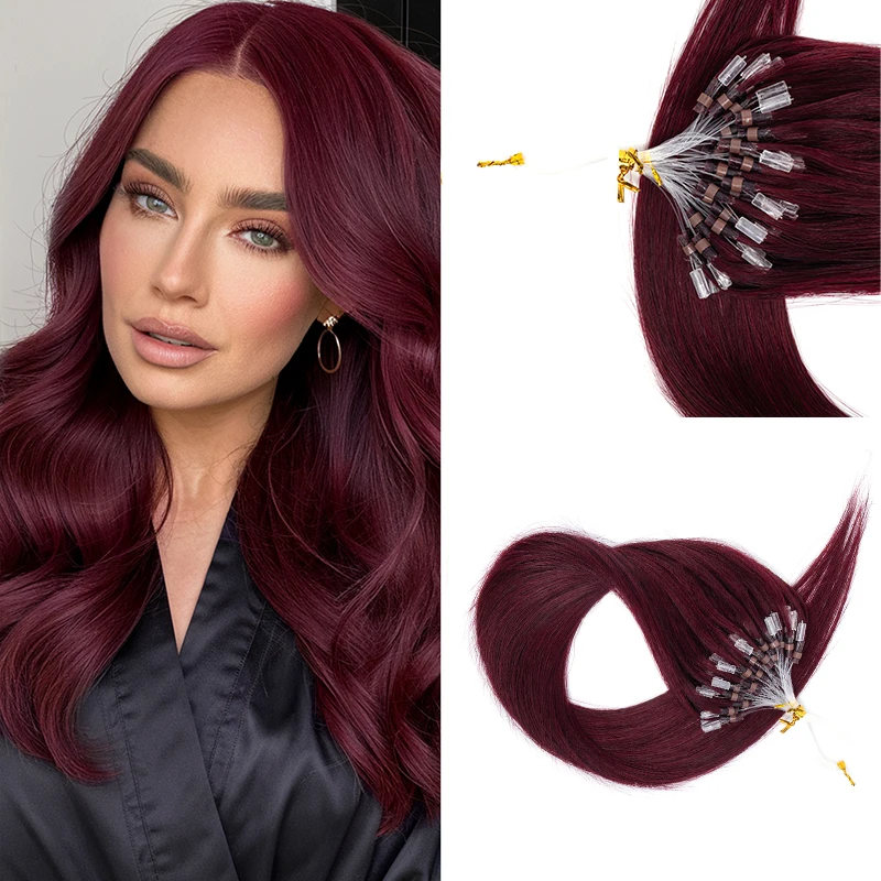 Burgundy Micro Link Remy Hair Extensions for Women 12-20Inch 30g Invisible Micro Ring Hair Extensions Straight Hair 50strands