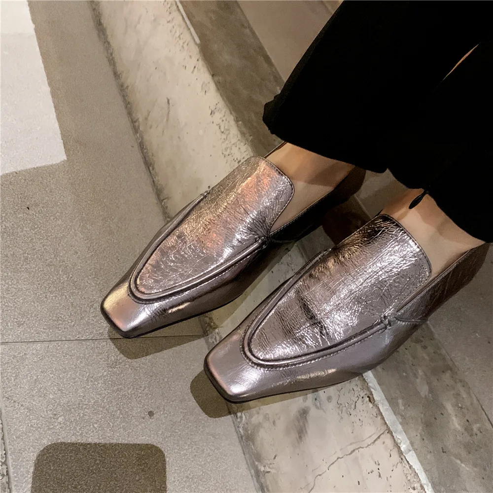 MILI-MIYA New Arrival Small Square Head Women Cow Leather Flats Solid Color Slip On Big Size 34-40 Cracked Leather Casual Shoes