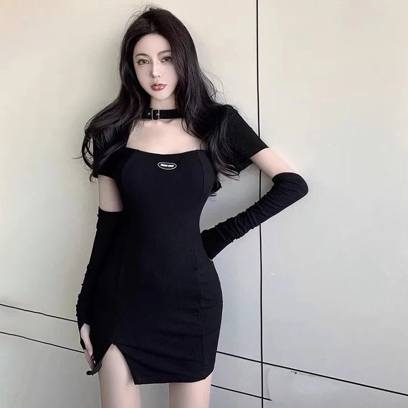 

Women's Bodycon Dress Korean Version Spring Autumn Halter Hollow Out Slim Fashion Sexy Split Long Sleeves Bodycon Dress