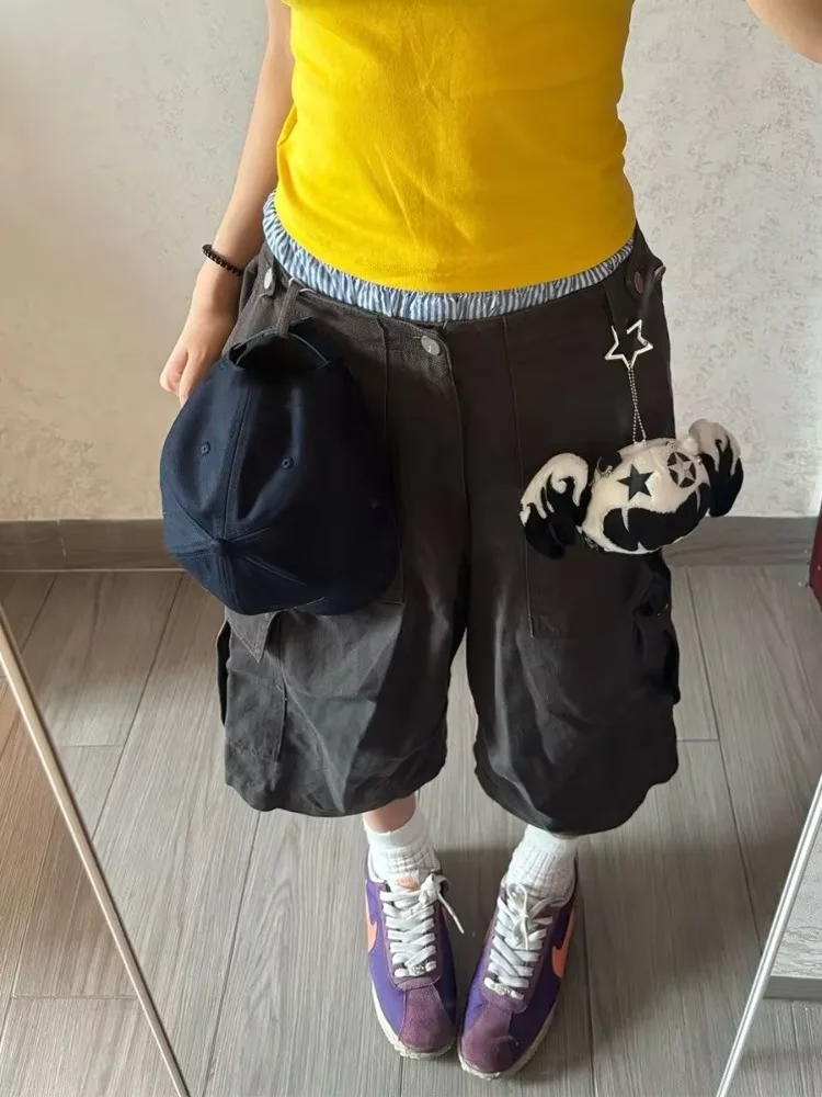 شورت أمريكي عالي الشارع للنساء صيفي بجيوب متعددة، سروال عتيق بطول الساق يناسب الجميع، سروال فضفاض واسع الساق