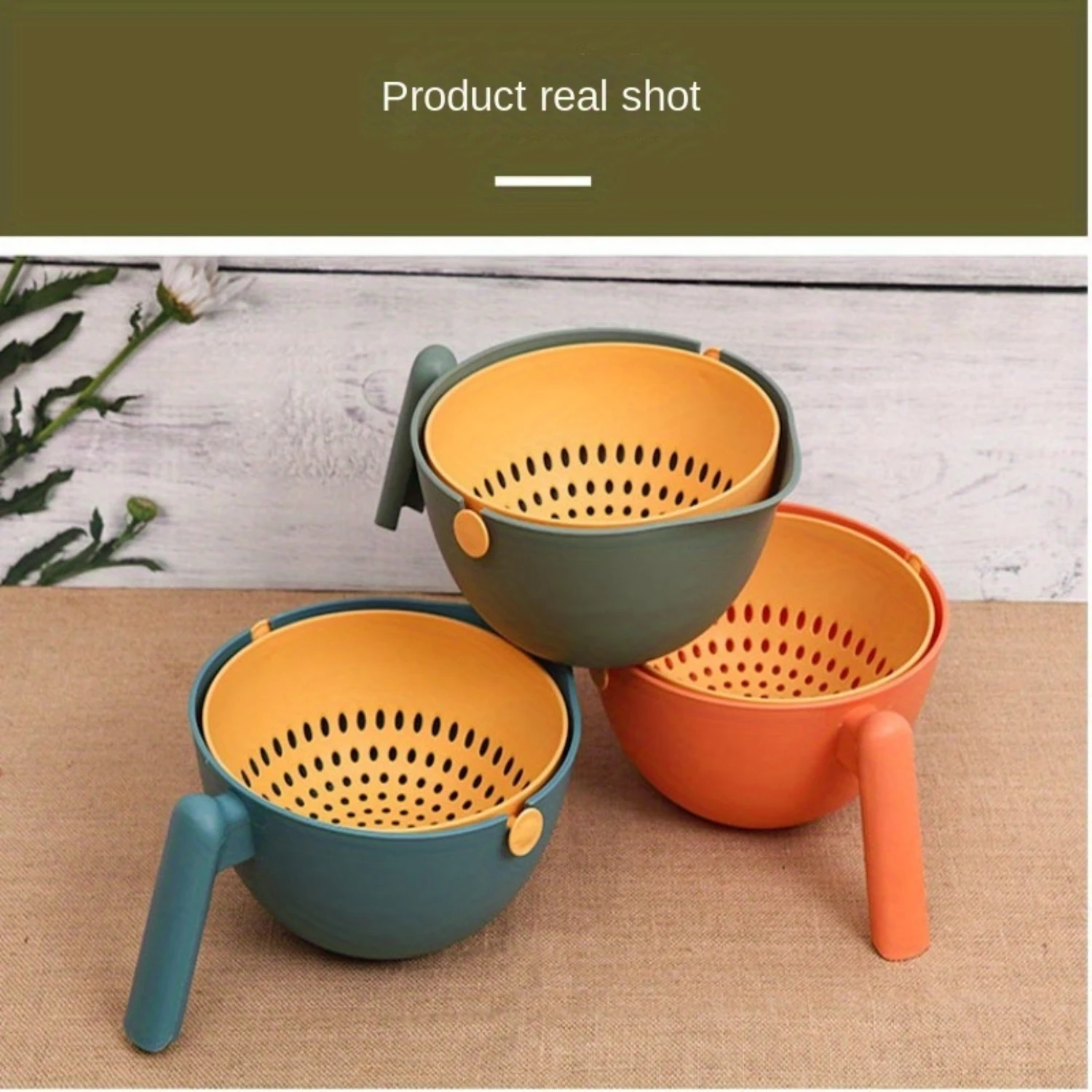 

Modern Plastic Colanders With Handles, Multicolor Double-Layer Drainage Baskets For Fruits And Vegetables, Kitchen Strainer Set,