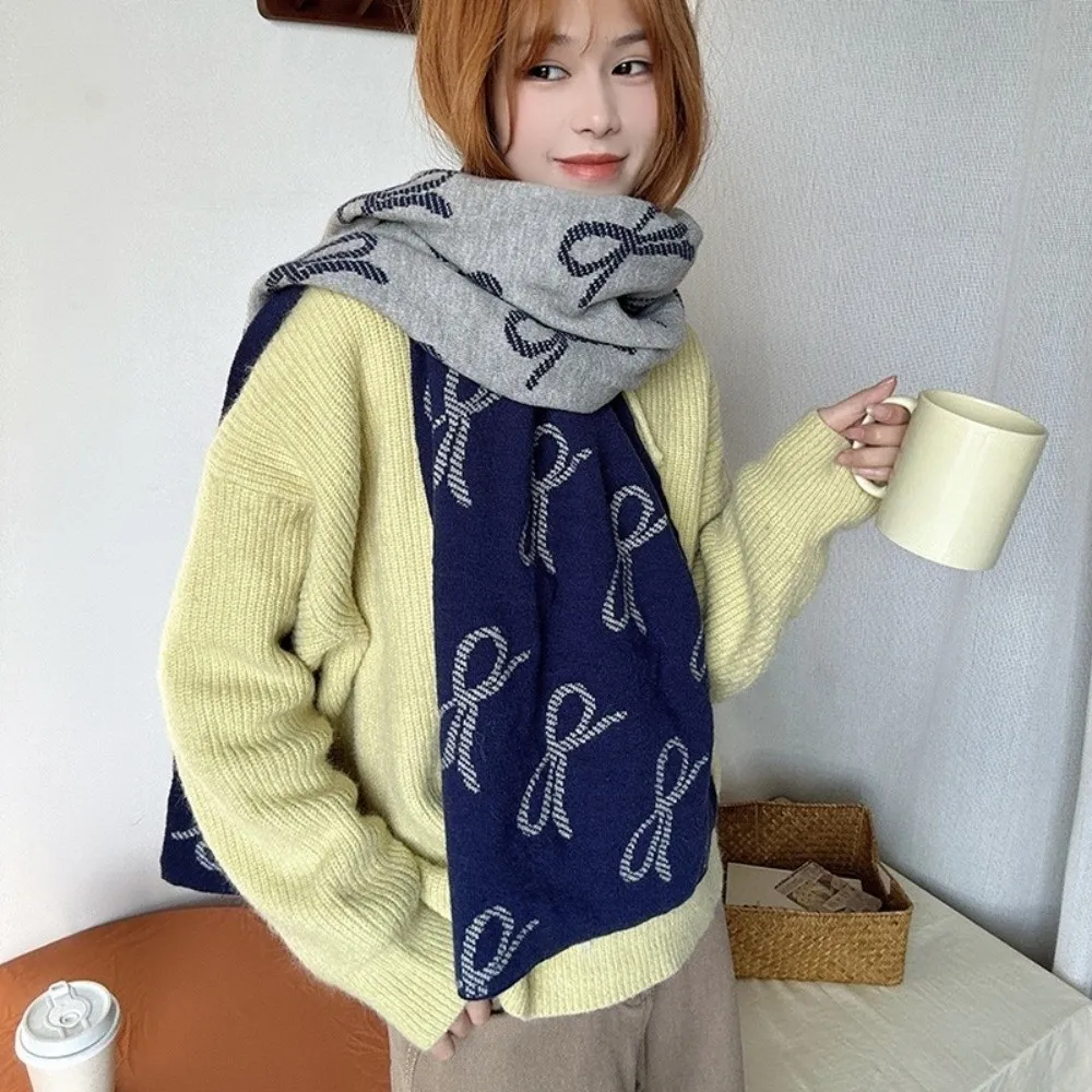 Fashion Lightweight Bow Scarf Two-sided Korean Style Imitation Wool Scarf Windproof Warm Winter Shawl Gift