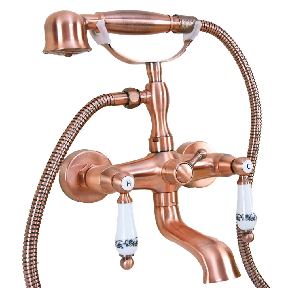 

Antique Red Copper Wall Mounted Clawfoot Bathtub Faucet telephone style Bath Shower Water Mixer tap with Handshower tna328