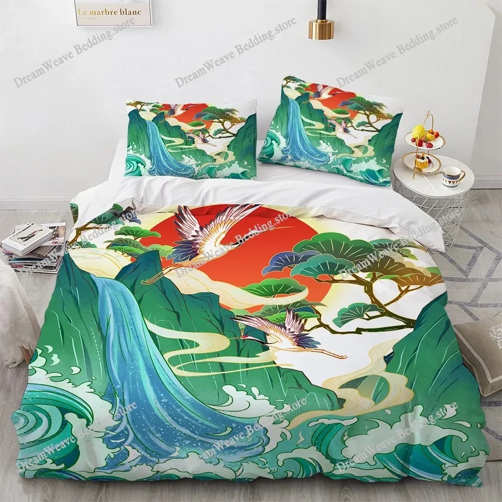 Japanese-Style Duvet Cover Cherry Bedding Set Ukiyo-e Theme Wave Pattern Quilt Cover Mountain Exotic Style Home Textileextile