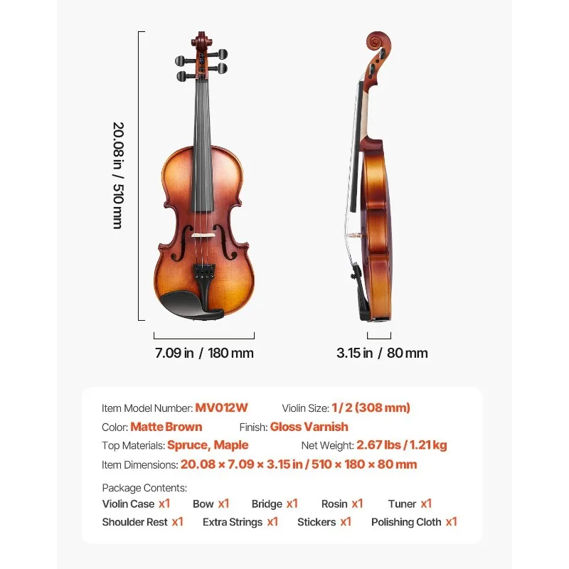 Violin 1/2 Size Fiddle Set Solidwood for Beginners with Case Rosin Brown