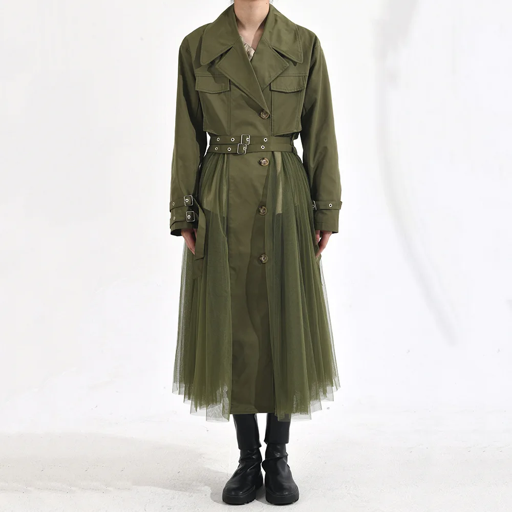 

Korean casual gauze splicing green trench coat female temperament long loose double-row multi-button coat