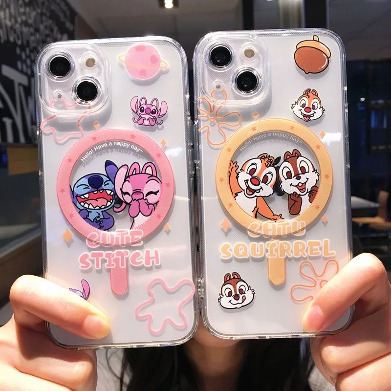 Disneies Cute Stitch Angel Chip An' Dale Magsafe Magnetic Phone for IPhone 16 15 14 13 12 11 8 7 Plus Pro Max X XR XSMax Cover