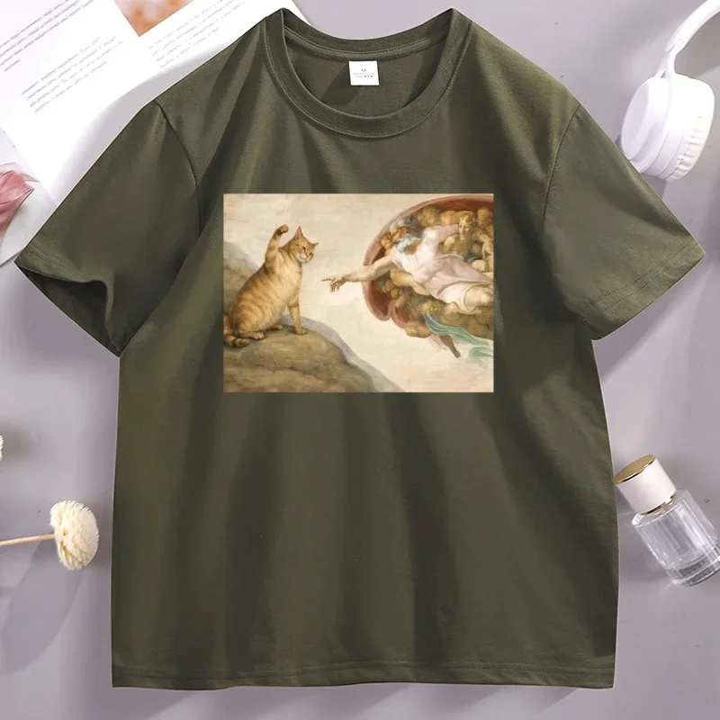 Cat Creation of Adam Tshirt Men Women Funny Renaissance Art Cat Lover T-Shirt Vintage Graphic Pullover T Shirts Basic Tees