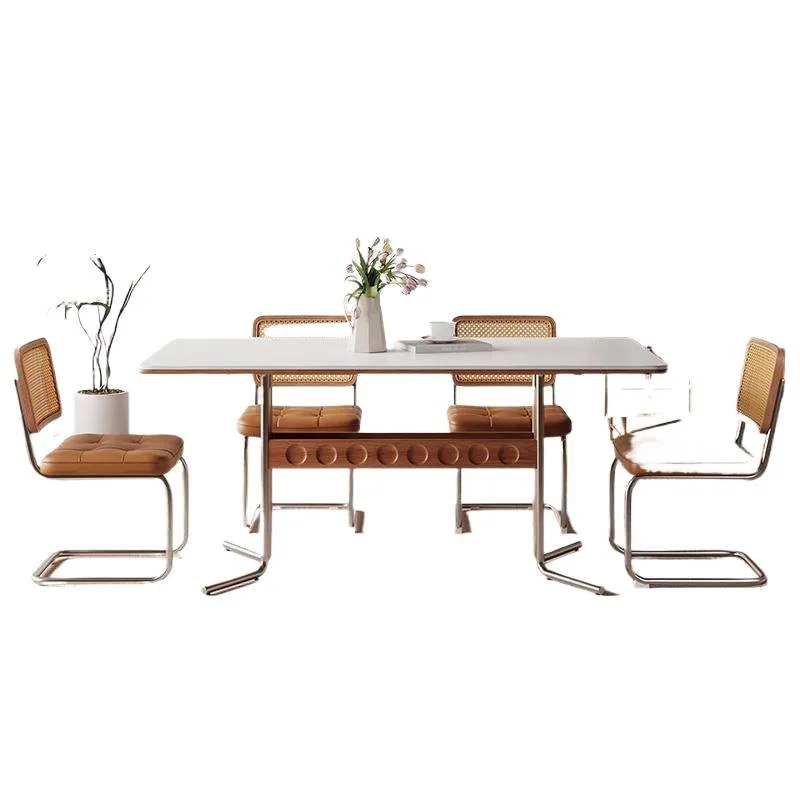 Solid wood dining table, modern simple rock slab dining table, rectangular solid wood cream color can be stored chairs