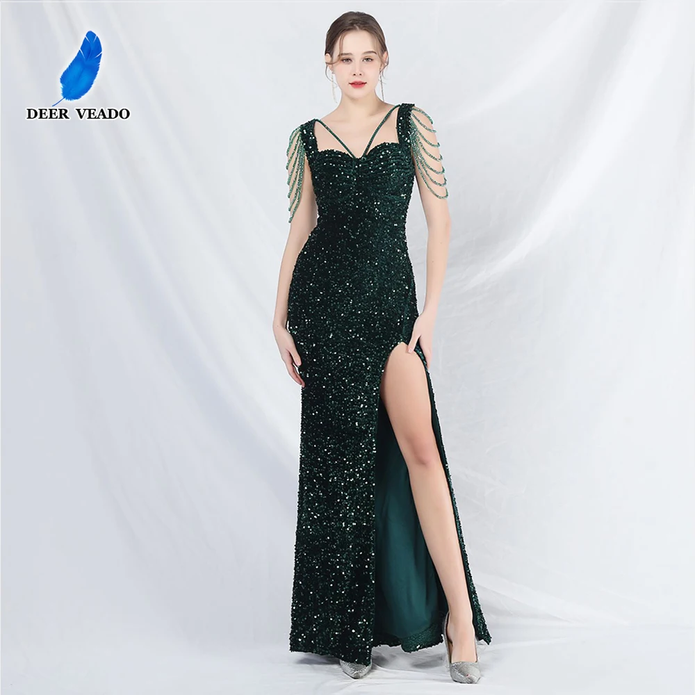 

DEERVEADO Luxury Sequins Evening Dress with Beads Women's Mermaid Slit Formal Occasion Dress Long Party Dress Prom Gown