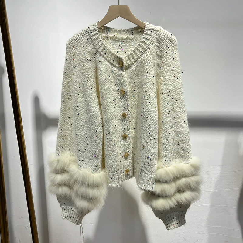 2025 herbst Frauen Glänzende Pailletten Echt Fox Pelz Pullover Spezielle Design Gestrickte Jacke Tragen