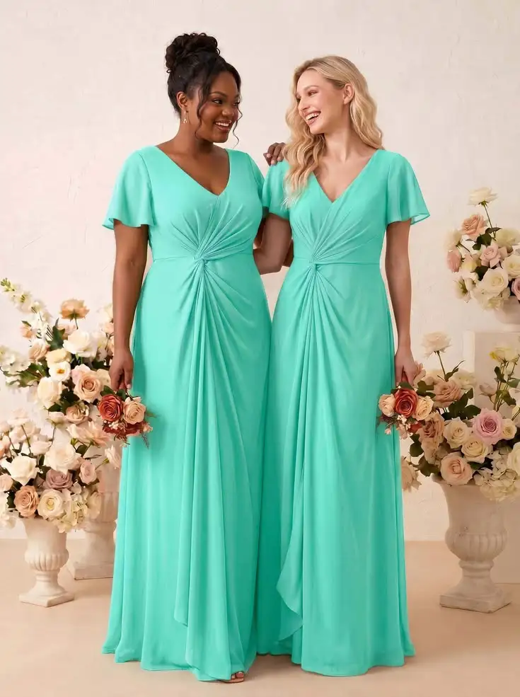 Customized Wedding Party Dresses A-Line V-Neck Short Sleeves Floor-Length Chiffon Bridesmaid Gowns With Sweeping Side Drape