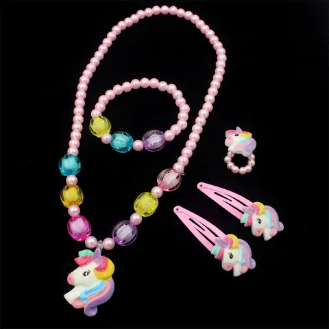 1 Set Handcrafted Unicorn Kids Beaded Jewelry set Cute Animal Necklace Bracelet Ring and Hair Clips Set for Little Princess Gift