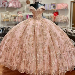 Robes de Quinceanera princesse roses, hors de la robe de Rhinitiée, robe Sweet 16 perles, appliques dorées, dentelle, 15e robe de soirée, 2024