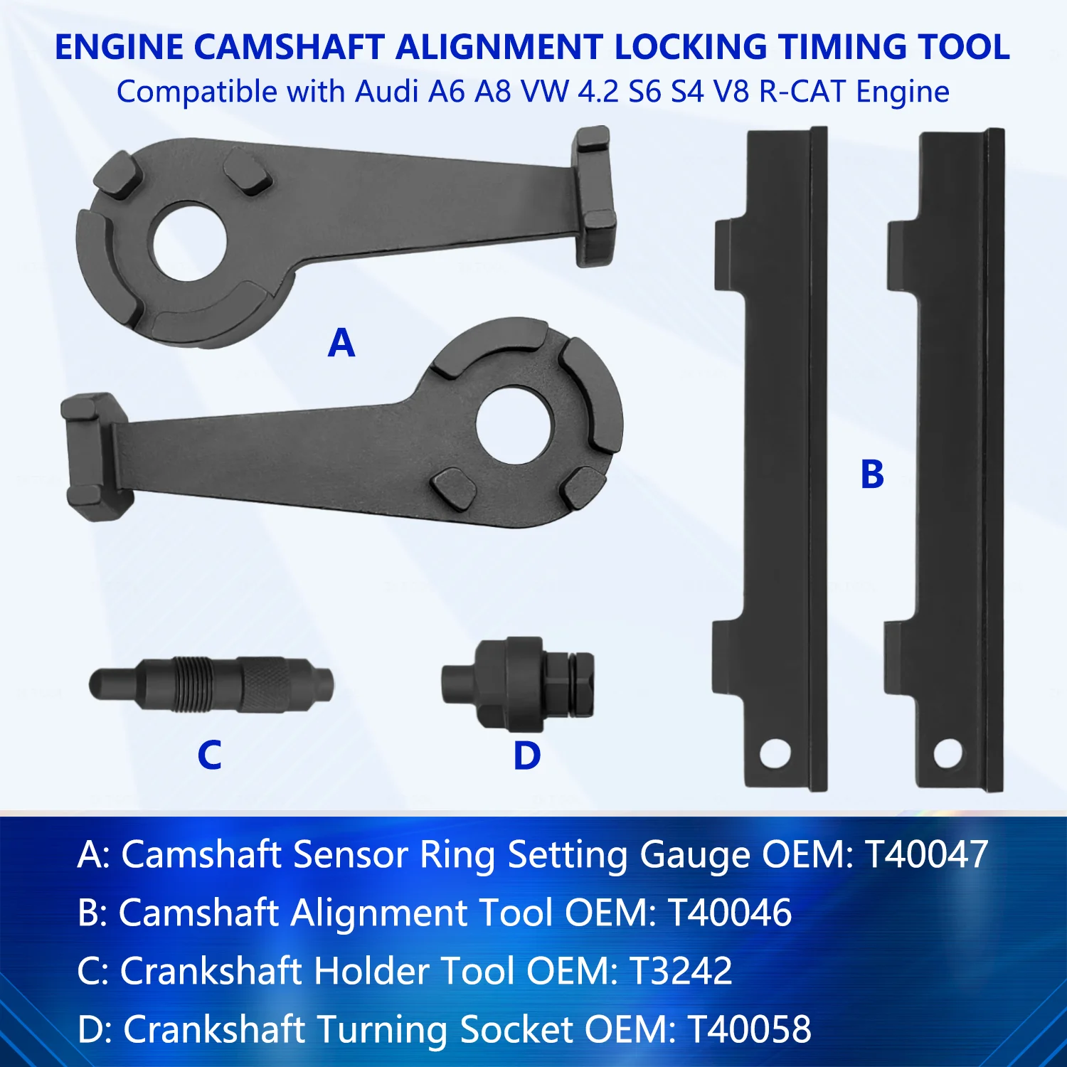 Engine camshaft alignment and timing lock tool, suitable for Volkswagen and Audi models T40047, T40046, T3242, T40058.