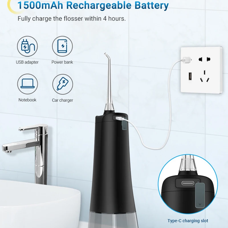 Irigator Mulut Profesional Flosser Air Isi Ulang Jet Air Gigi Portabel untuk Membersihkan Gigi Tangki 300ML 4 Ujung Tahan Air