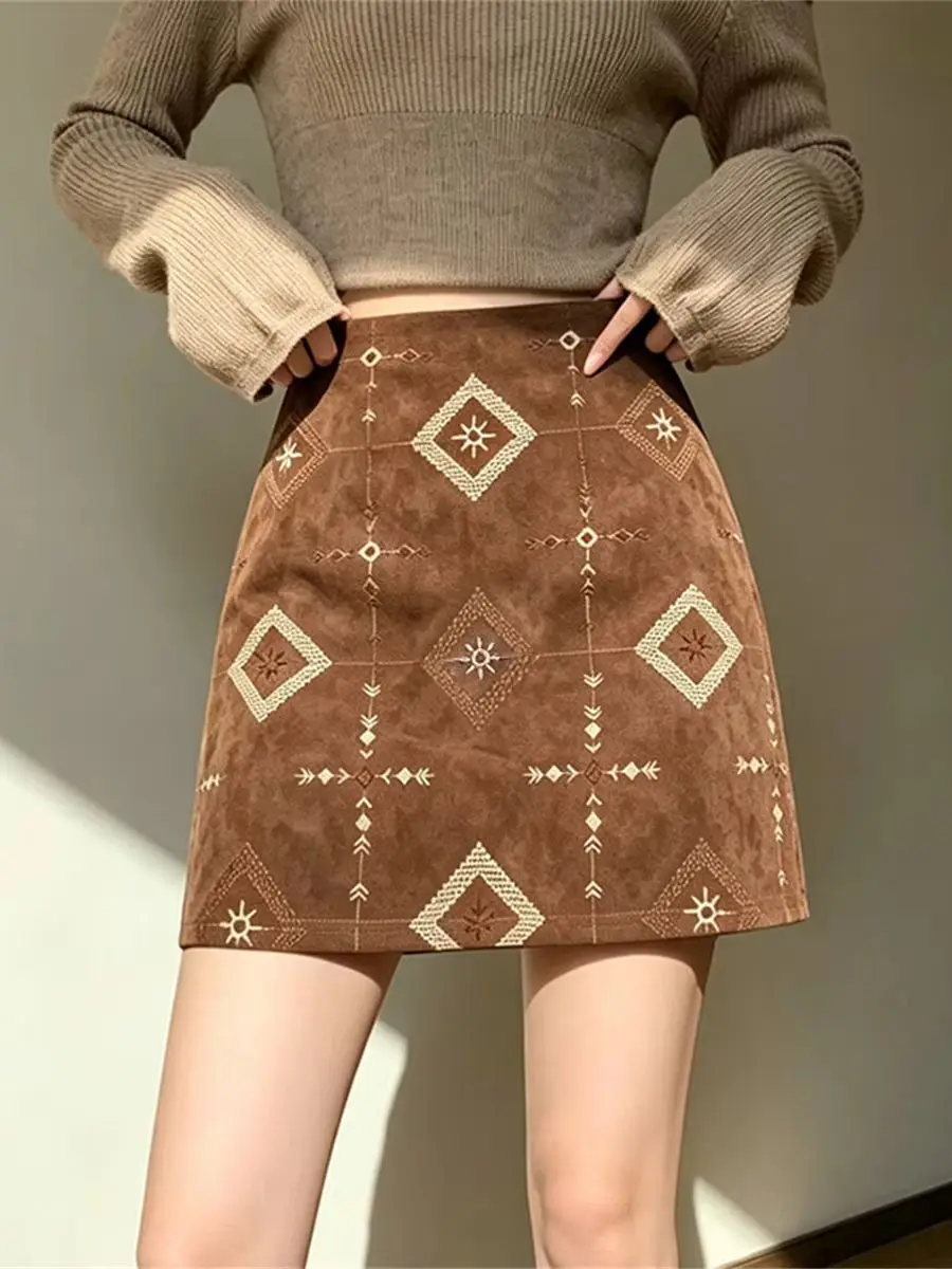 Korean-Style Retro Suede A-Line Mini Skirt for Women Fall/Winter Ethnic-Style Checkered Embroidered Print Jacquard Short Skirt