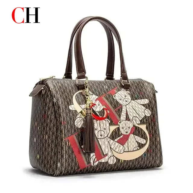 CH Women Handbag Bear Pattern Boston Bag Vintage Top Handle Crossbody Purse Cute Women Daily Accessories