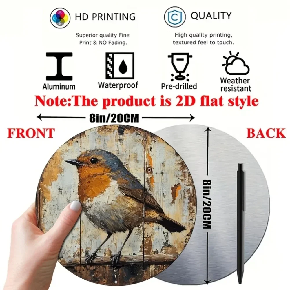 [1pc Vintage Bird Metal Art] Vintage Bird 1pc 2D Flat Metal Wall Art, 8x8 Inch Round Aluminum Sign with Rustic Wooden Background