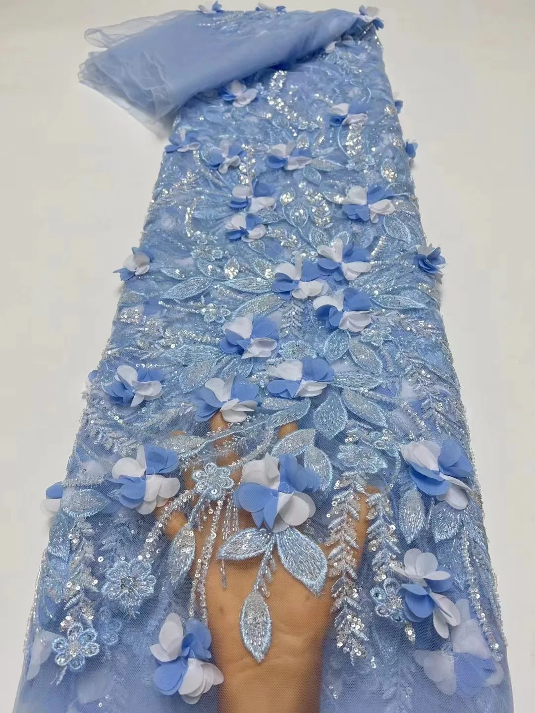 Sky blue2024 Luxury African 3D Lace Fabric Latest Dubai Beaded Tulle Lace Fabric Embroidered Applique Nigerian Fabric For Sewing