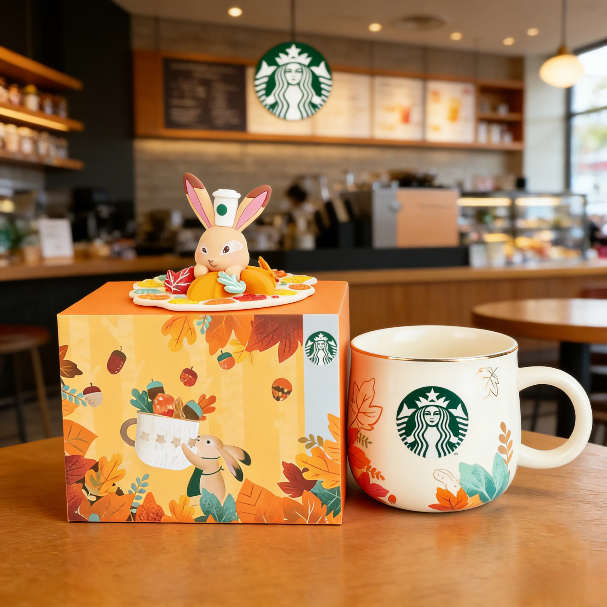 Caneca Starbucks Autumn Forest Rabbit 355ml, Copo de Cerâmica com Tampa 3D de Coelho e Design de Folha de Bordo, Presente Ideal para o Natal
