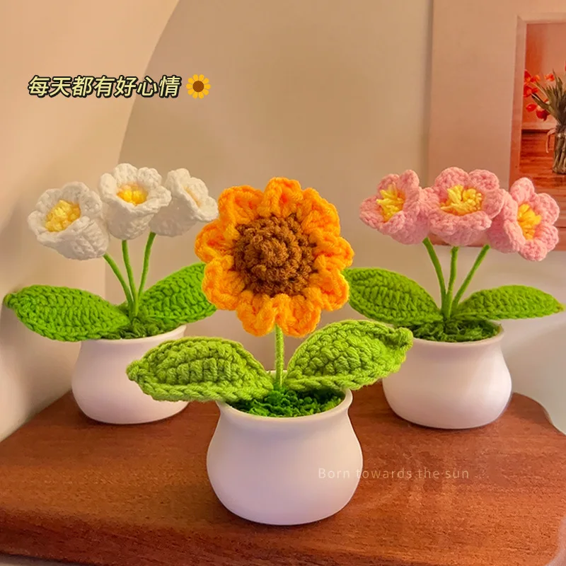 Mini Tulips Knitted Flowers Potted Finished Hand Woven Flower Artificial Flower Desktop Decorative Birthday Gift Send For Girls