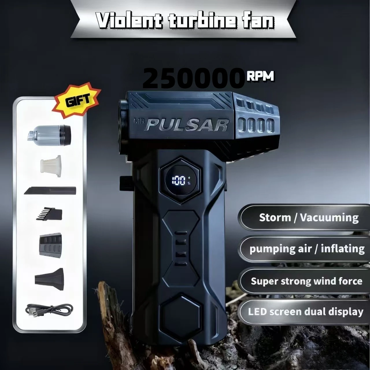 

X11Pro MAX Турбоструйный вентилятор 250000 об/мин Мощный воздуходувка Бесщеточный двигатель Турбовентилятор Скорость ветра 75 м/с 10000 мАч сильный бриз