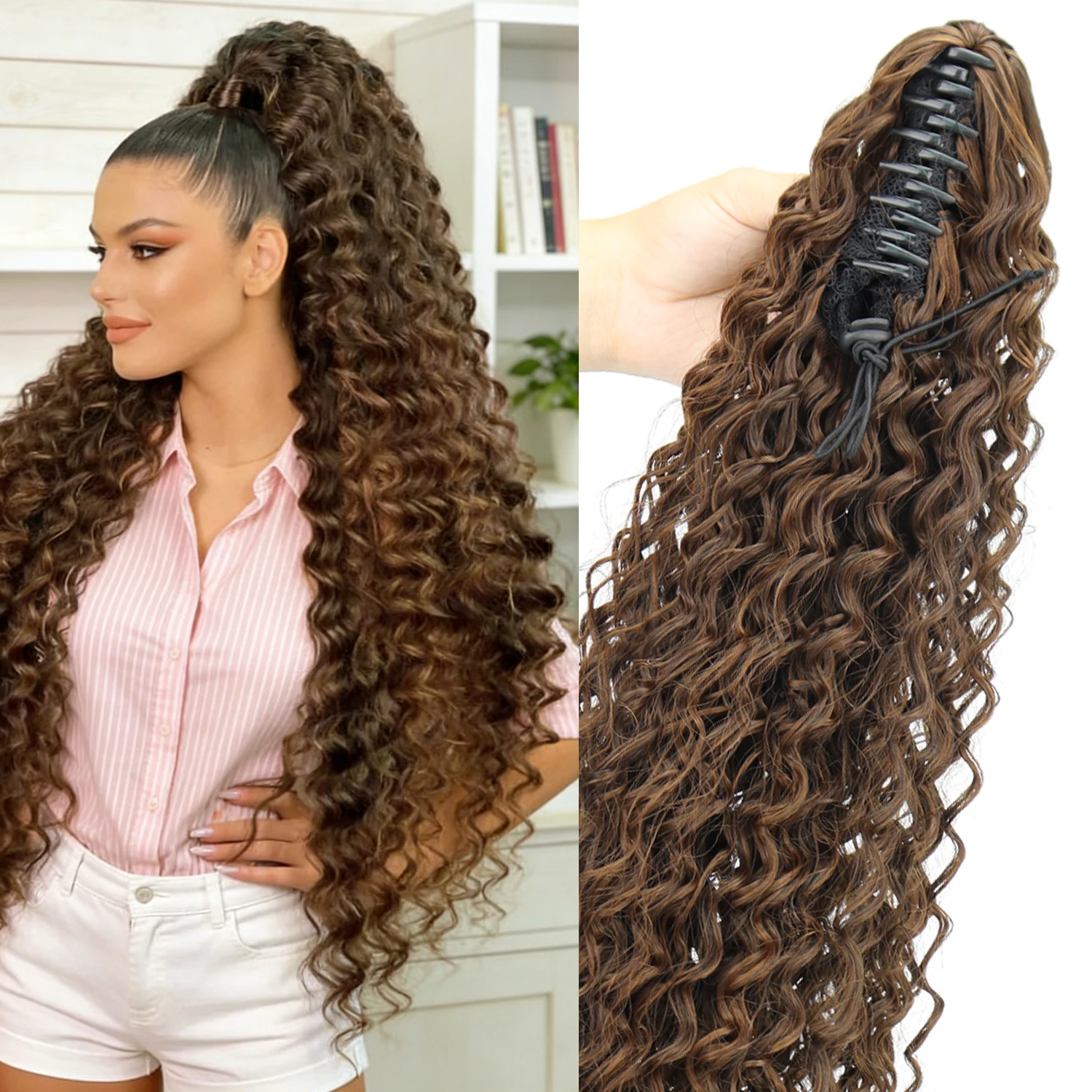 

Synthetic Long Curly Ponytail Extensions Claw Clip On Deep Wave Pony Tail Hairpieces for Women Daily Use Black Brown