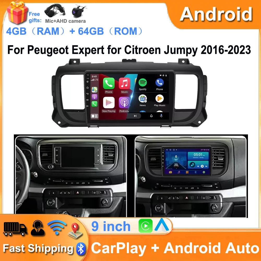 Android 14 Car Stereo For Peugeot Expert for Citroen Jumpy 2016-2023 4+64G with Fit For CarPlay Android Auto GPS Navigation