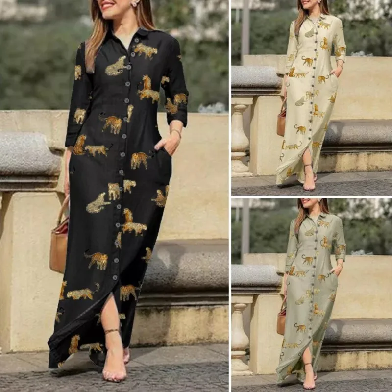 Vintage Leopard Animal Print Loose Shirt Dress Pocket Autumn Lapel Button Women Casual Long Sleeve Pocket Maxi Dresses Robes Y2k