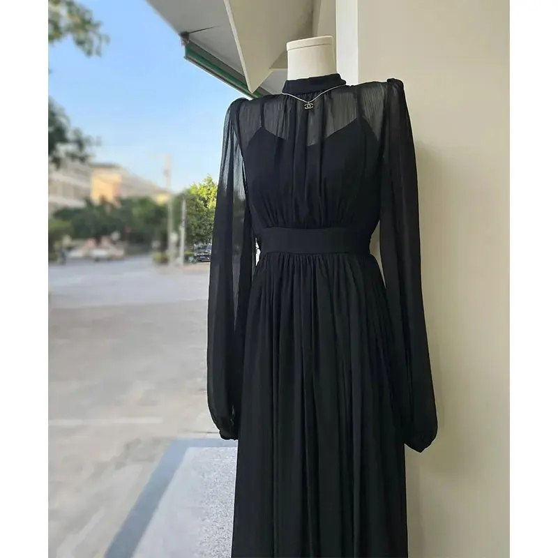 2023 Spring French Elegant  Black Dress Women Fashion Retro Long Sleeve Dresses Temperament Chiffon Office Lady Sundress Vestido