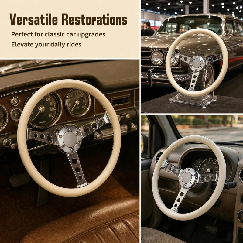 High Quality White Smooth ABS Grip Vintage Racing Steering Wheel With Hollow Three Spoke Interior Accessory