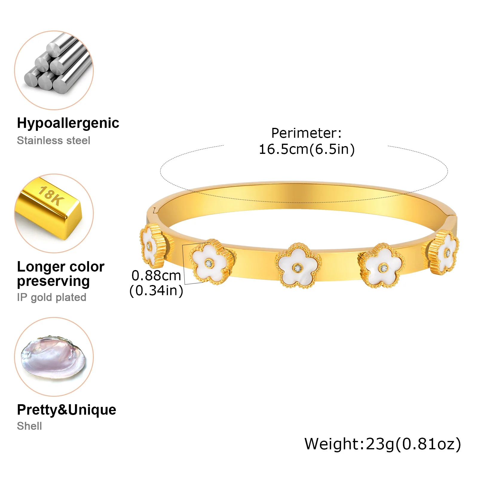 Vnox, brazaletes clásicos chapados en oro para mujer con bonitas flores de concha, pulsera de acero inoxidable, joyería de mano de lujo resistente al agua