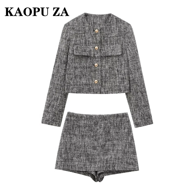 KAOPU ZA 2024 Autumn New Ladylike Chic Two-piece Leisure suit Fashion Female O-Collar Long Sleeve Shorts Set Pockets Coat Jacket