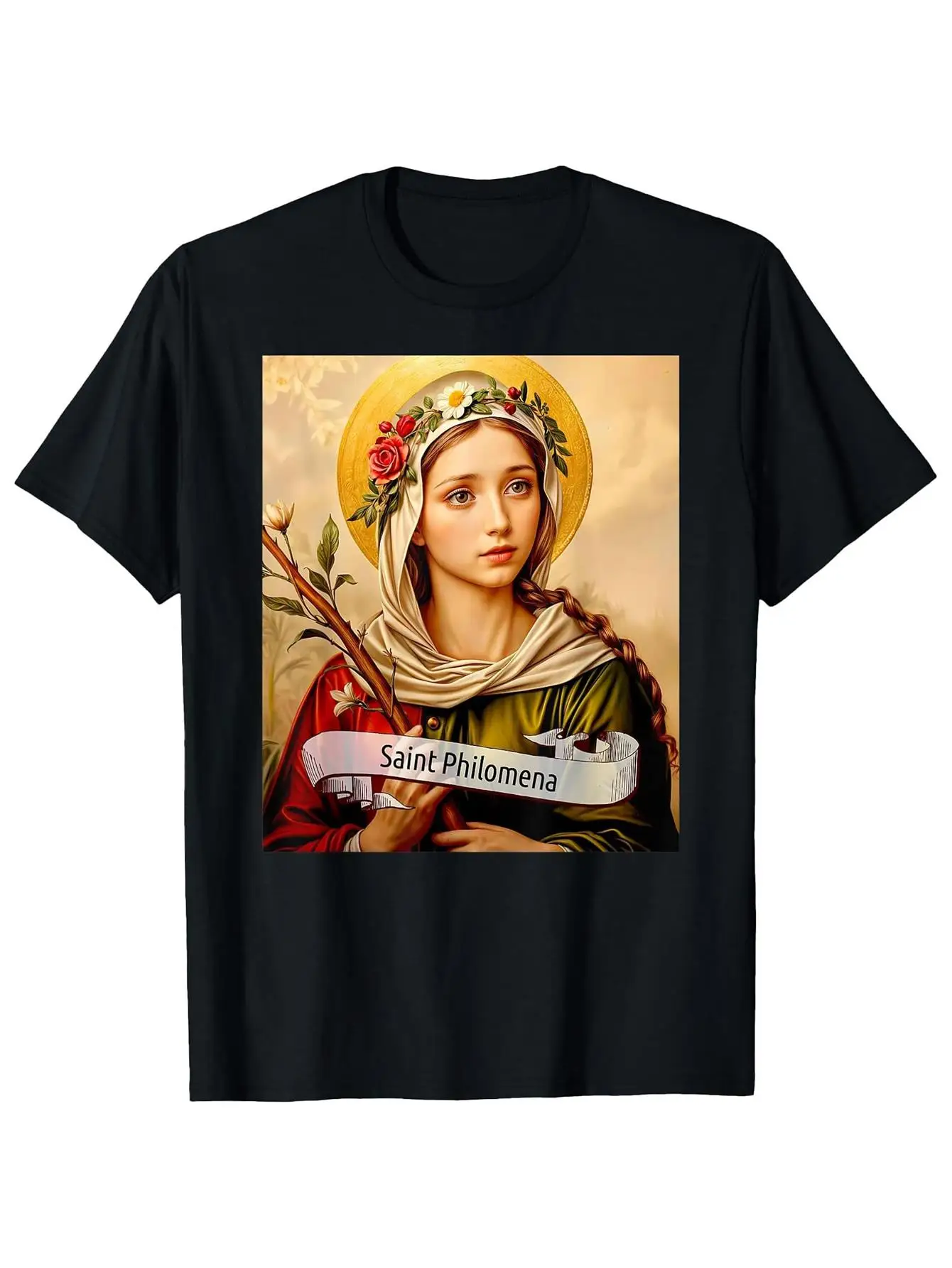 Unisex Saint Philomena Catholic Saint T-Shirt - Religious short-sleeve shirt with floral halo logo print, round-neck casual style suitable for mass, church events, and everyday wear - Universal gift for adults