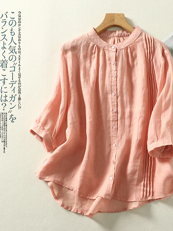 Retro Japanese Style Five-Quarter Sleeve Shirt Women's Loose Casual Stand Collar Single Button Top Breathable Comfortable Sum...