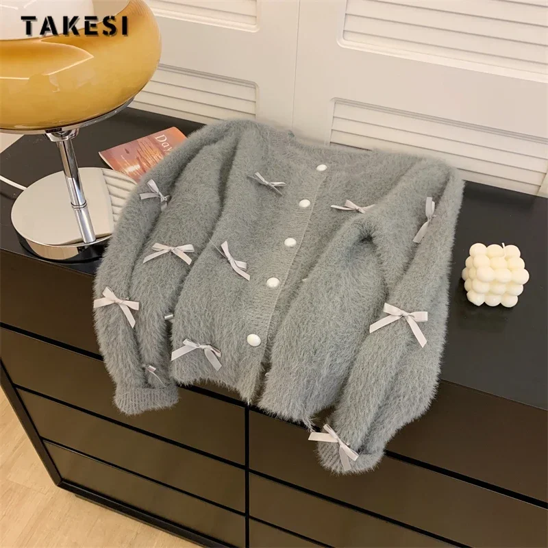 

2023 Winter Casual O-Neck Knitting Long Sleeve Vintage Cardigans Women Sweet Bow Single Breasted Female Loose Fit Sweater