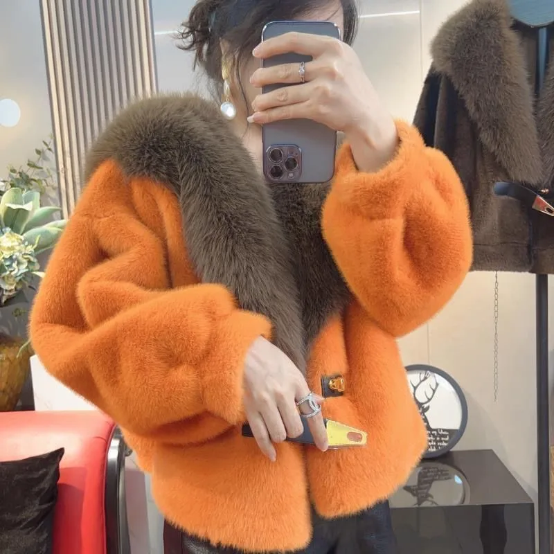 

A new stylish short coat with large fur collar and combination of for women