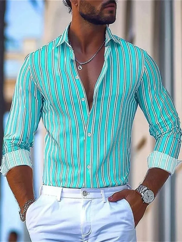 

Men's 3D Printed Striped Long Sve irt Casual Loose Fit Collar Regular Thin Autumn Wear European Simple Sle