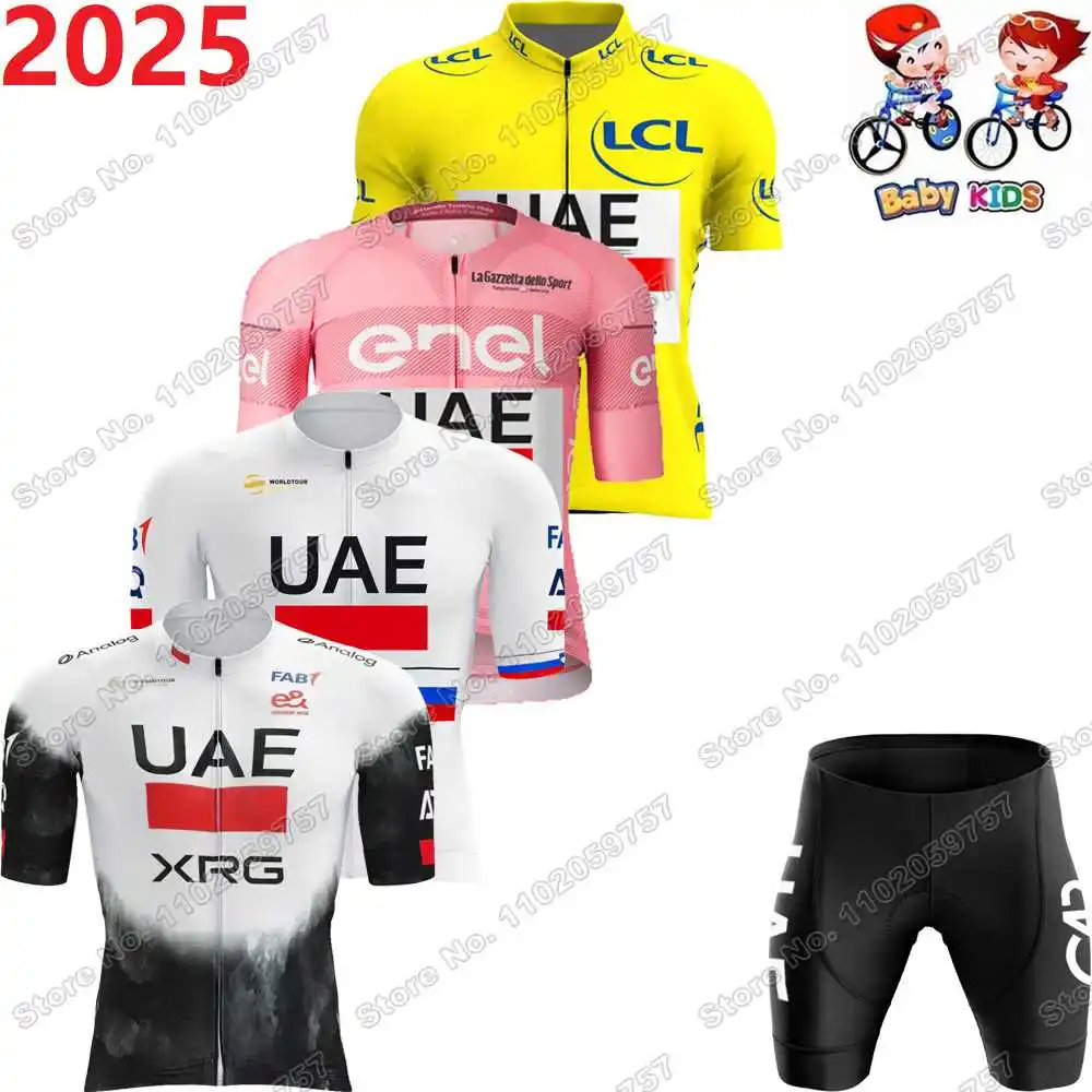 2025 Kids UAE Team Cycling Jersey Set Boys Girls France TDF Cycling Clothing White Yellow Tadej Pogacar Children Road Bike Shirt