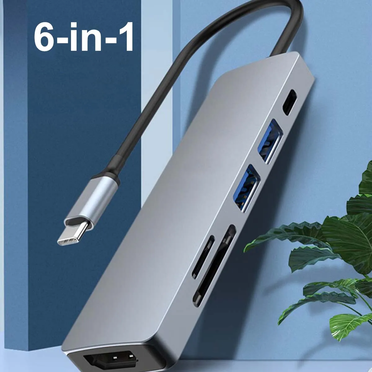 6 in 1 USB C HUB Multiport Converter with 4K HDTV, PD Power Delivery, USB3.0/2.0 , USB C Charging Port, SD/TF Card Reader